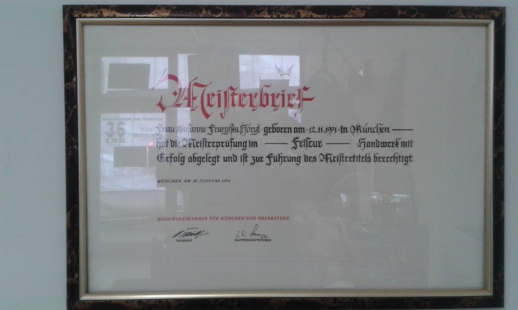 Meisterbrief der Inhaberin von Traumhaar Friseur in München